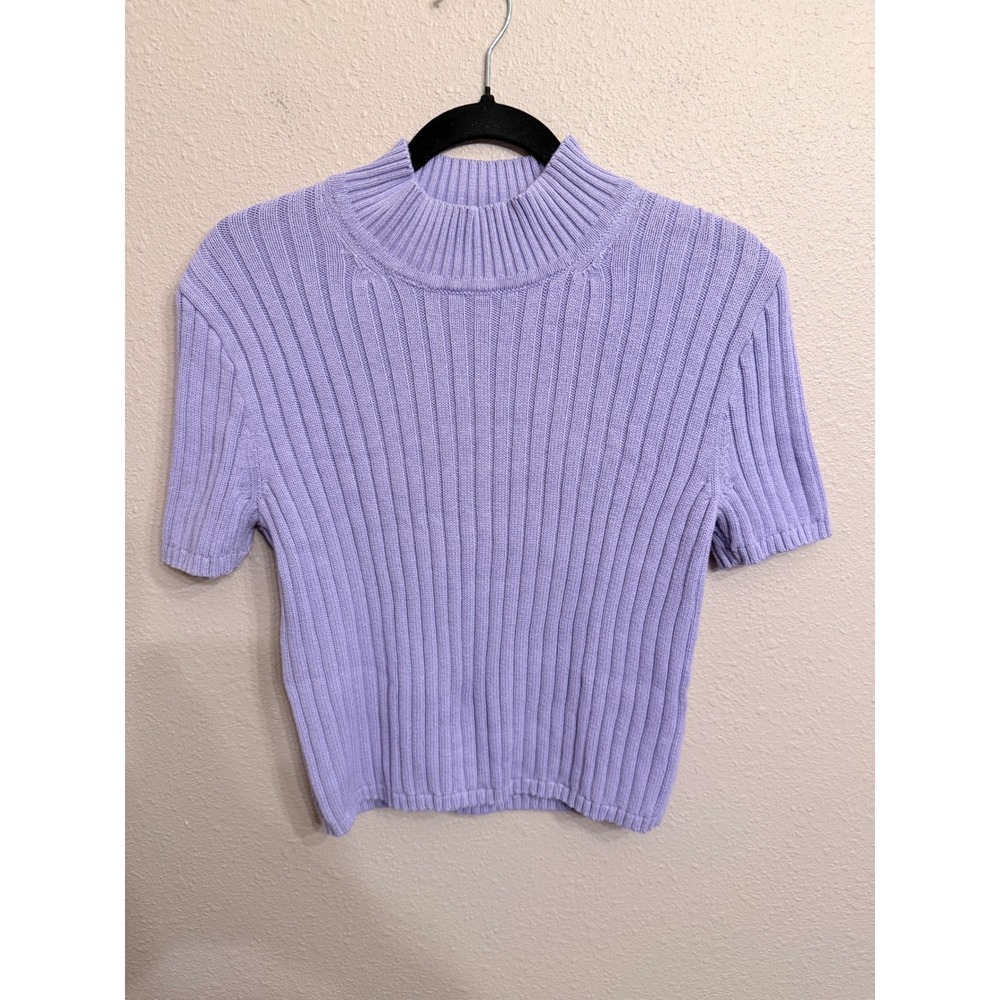 J.Crew‎ Lavender Purple Ribbed Mock Neck Cotton Cashmere Short Sleeve Sweater M